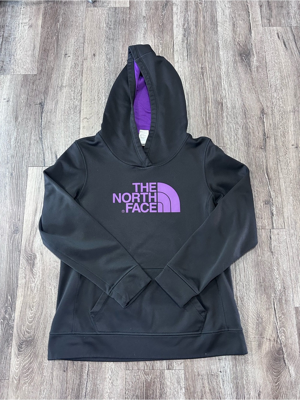 The North Face Black Hoodie with Purple Logo & Hood Lining